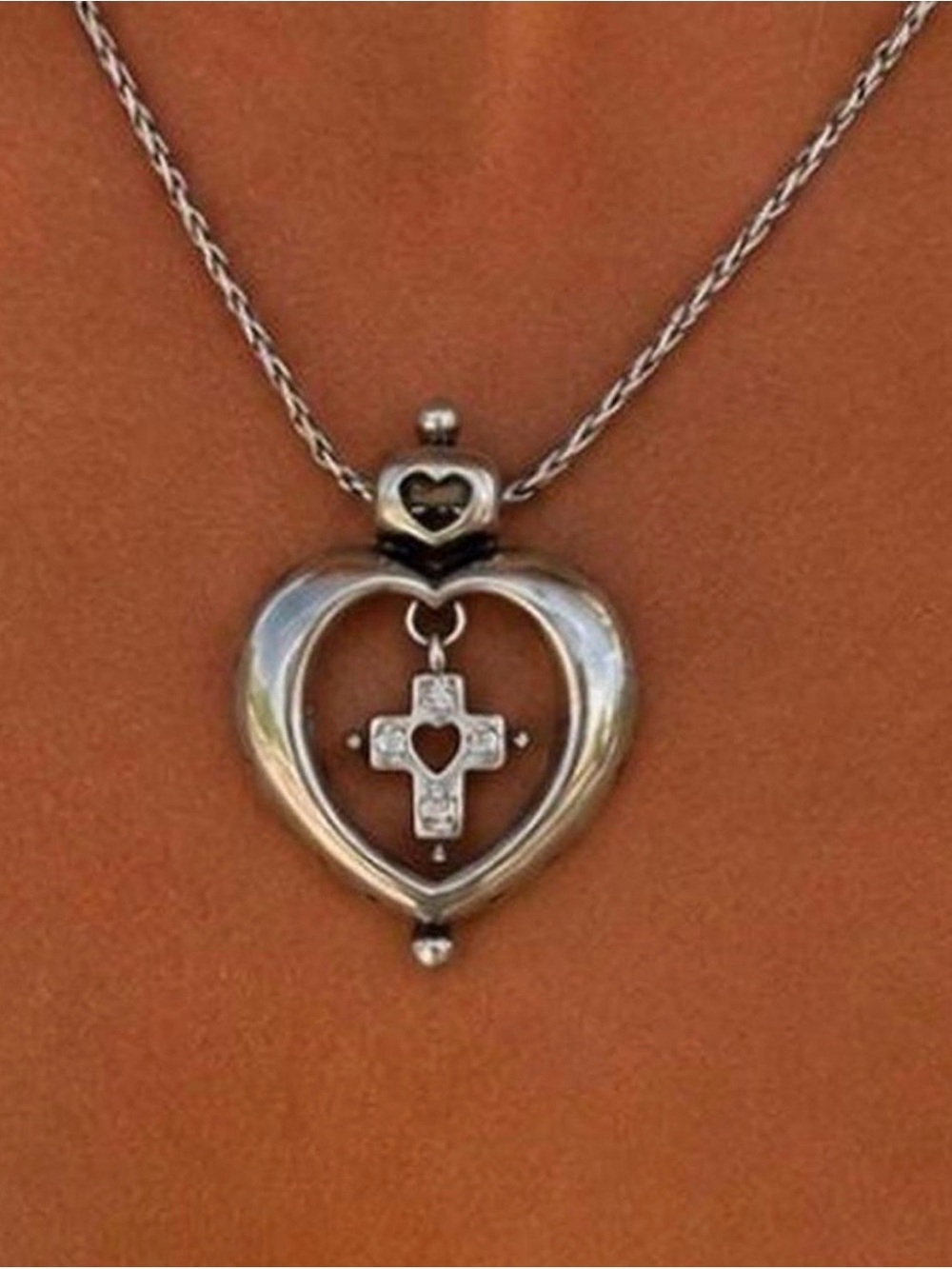 Brighton Silver Heart Pendant Necklace with Cross Charm
